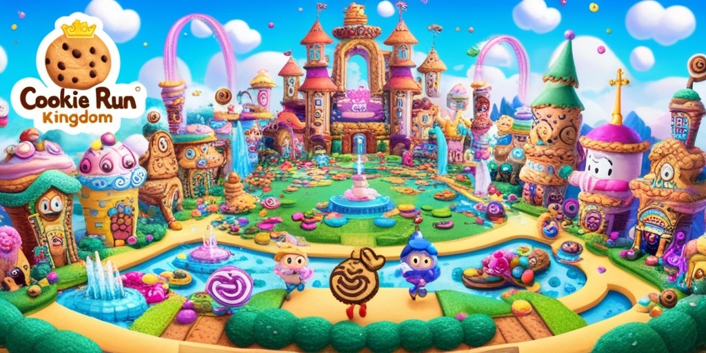 A whimsical, vibrant digital illustration of the fantastical world of Cookie Run: Kingdom, showcasing a bustling Kingdom filled with colorful cookies, candies, and magical creatures, set against a bright blue sky with fluffy white clouds, featuring iconic characters such as Hollyberry Cookie, Pure Vanilla Cookie, and GingerBrave, each with their unique facial expressions, clothing, and accessories, surrounded by intricately designed cookie-themed buildings, sparkling fountains, and lush greenery, with bold, playfully rounded lines and textures reminiscent of a children's book, and a mix of pastel and bright colors, with the game's logo, a golden cookie with a crown, prominently displayed in the top-left corner in a curved, cursive font.