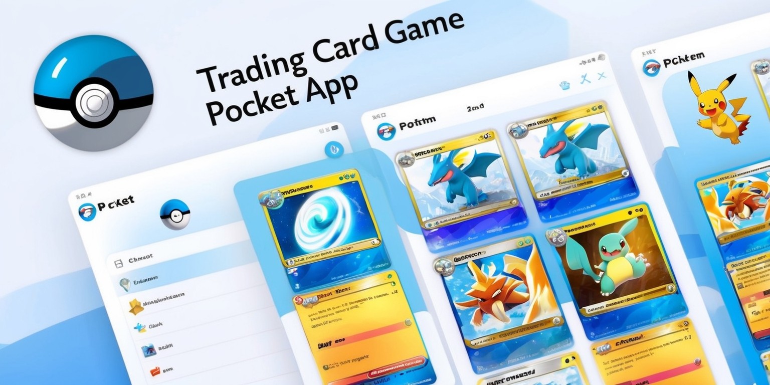 A sleek and modern digital illustration of the Pokémon Trading Card Game Pocket app, showcasing a clean and intuitive interface with a soft, calming blue and white color scheme, reminiscent of a digital trading card. The app's logo, featuring the iconic Pokémon logo and a stylized Poké Ball, is prominently displayed at the top of the screen. In the center, a few exemplar trading cards are arranged in a neat grid, with vibrant, detailed illustrations of various Pokémon, such as Charizard, Pikachu, and Squirtle. The cards have a subtle sheen and realistic texture, as if they could be reached out and touched. The background is a subtle gradient of blues and whites, evoking a sense of nostalgia and adventure. The overall design is crisp and polished, with minimal clutter and clear typography, inviting users to explore and discover the world of Pokémon trading cards.