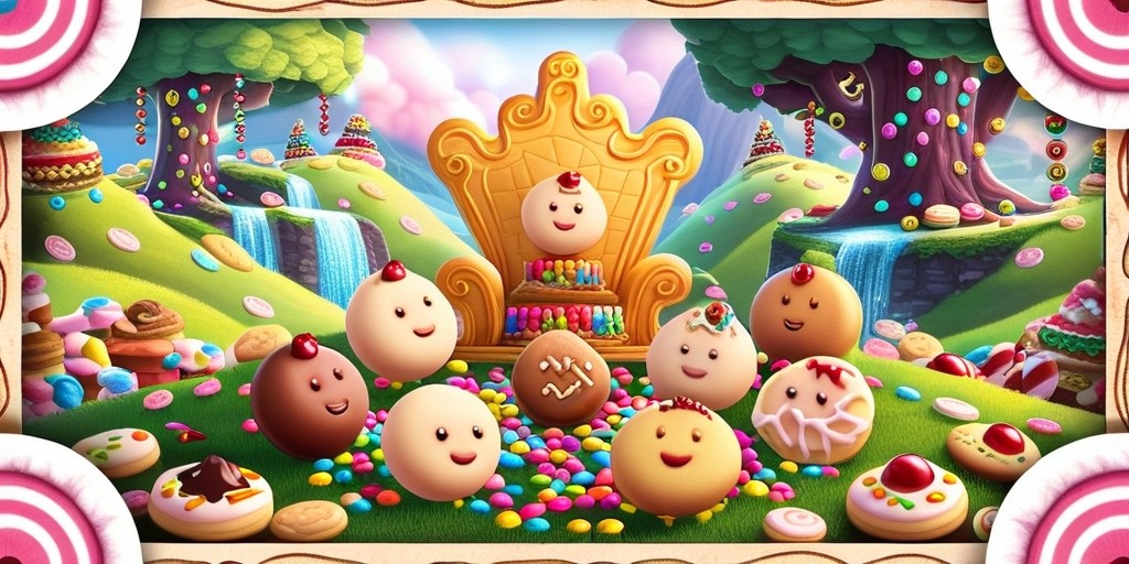 A vibrant, whimsical illustration of the Cookie Run: Kingdom game, featuring a colorful, dreamy landscape with rolling hills, sparkling waterfalls, and towering trees adorned with cookies and candies. In the foreground, a group of adorable, anthropomorphic cookie characters, each with distinct facial features and personalities, are gathered around a grand, ornate cookie-shaped throne, surrounded by treasures and sweets. The cookies have smooth, rounded shapes and soft, pastel colors, with intricate details like sprinkles, icing, and cherry toppings. The atmosphere is warm and inviting, with soft, golden lighting and hints of cotton candy-like clouds in the sky. The entire scene is framed by a delicate, hand-drawn border, with subtle textures and patterns reminiscent of old-fashioned storybooks.