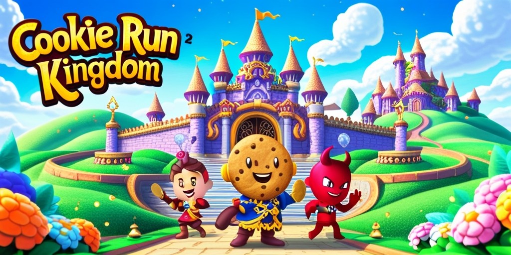 A whimsical digital illustration of Cookie Run: Kingdom, featuring a vibrant and colorful kingdom with rolling hills, sparkling fountains, and intricately designed buildings, set against a bright blue sky with fluffy white clouds, showcasing the game's iconic cookie characters, such as GingerBrave and Devil Cookie, standing proudly in front of the kingdom's grand entrance, with intricate details on their clothes and accessories, surrounded by lush greenery and colorful flowers, with subtle textures and shading that give the image a sense of depth and dimension, and possibly including subtle hints of magical sparkles or golden accents to emphasize the game's sense of wonder and adventure.