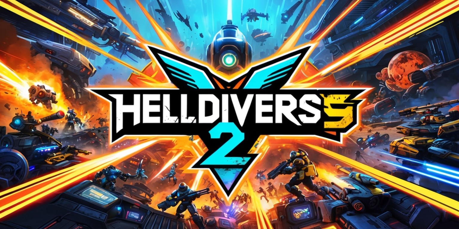 A vibrant, futuristic, and action-packed illustration of Helldivers 2, a top-down shooter game, set in a sci-fi universe, featuring a diverse range of characters, vehicles, and equipment, with bold lines, radiant colors, and intricate details, showcasing a chaotic battlefield with laser blasts, explosions, and smoke, amidst a dystopian, alien-infested environment, with a dominant color scheme of neon blues, oranges, and yellows, evoking a sense of fast-paced intensity and high-stakes combat, with the game's logo, a stylized, metallic, and worn-out crest with bold, sans-serif font, prominently displayed in the center, surrounded by dynamic, angular lines, and subtle, gradient effects, capturing the essence of an intergalactic struggle for survival.