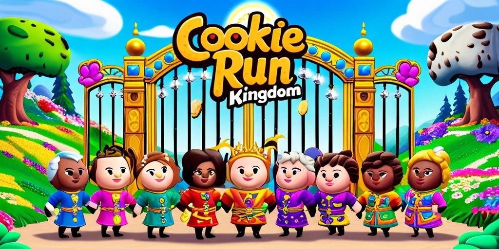 A vibrant, whimsical illustration of the Cookie Run: Kingdom game, featuring a stylized, cartoonish landscape with rolling hills, colorful flowers, and towering trees, set against a bright blue sky with fluffy white clouds. In the foreground, a group of anthropomorphic cookies, each with unique facial features, skin tones, and hairstyles, are gathered around a large, ornate gate adorned with golden details and sparkling gemstones. The cookies are dressed in colorful, elaborate costumes, with intricate patterns and accessories, showcasing their individual personalities. The entire scene is rendered in a mix of digital painting and 3D modeling, with bold lines, playful textures, and subtle animations, capturing the game's lighthearted and adventurous spirit. The Cookie Run: Kingdom logo, written in bold, cursive script with a golden cookie icon, is prominently displayed above the gate, surrounded by a halo of light.