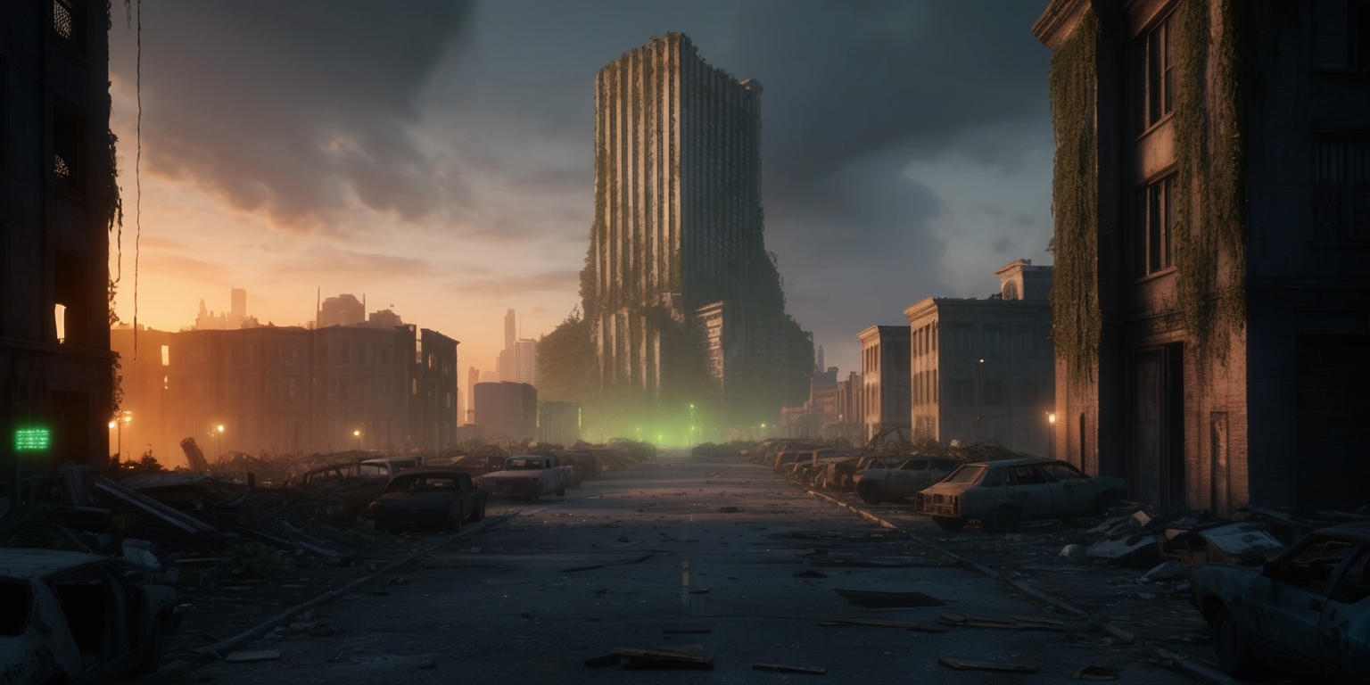 A breathtaking, post-apocalyptic game level from The Divide, set in a desolate, ravaged cityscape at dusk, with a warm orange glow casting long shadows across the ruins. In the distance, a massive, crumbling skyscraper stands as a testament to the world's downfall, its windows shattered, and walls covered in ivy and moss. The atmosphere is tense and foreboding, with an eerie green mist swirling around the buildings. In the foreground, a narrow, rubble-strewn street stretches out, lined with abandoned, rusted cars, and debris-filled alleys that disappear into the darkness. The color palette is muted, with shades of grey, brown, and beige, punctuated by the faint, flickering light of fluorescent signs and the soft, warm glow of luminescent plants. The level's layout is complex, with multiple paths and routes, and the framing is cinematic, with a low, sweeping angle that draws the viewer's eye into the heart of the devastated city.