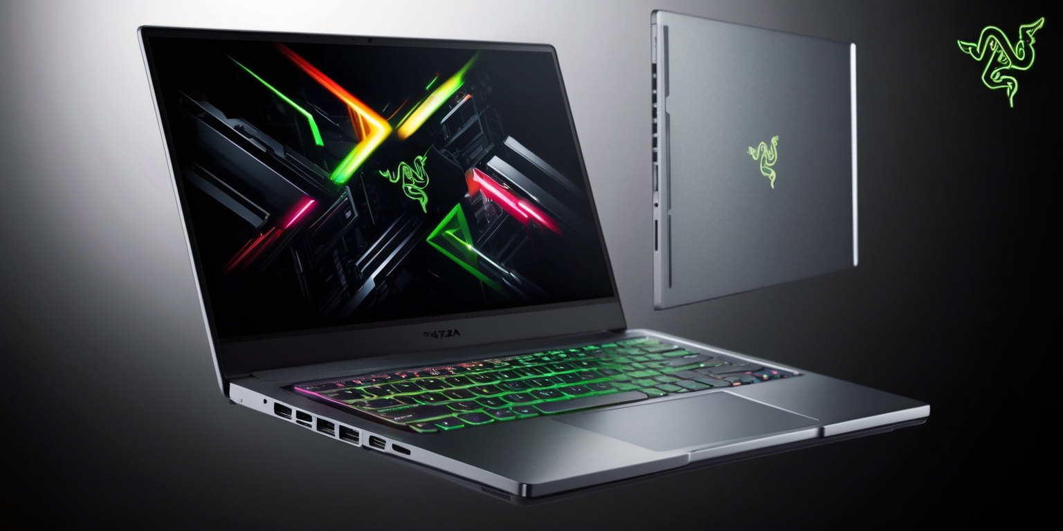 A sleek Razer Blade 14 gaming laptop with a thin and lightweight aluminum chassis, featuring a vibrant RGB backlit keyboard, a large touchpad, and a stunning 14-inch Quad HD display, showcasing a high-performance gaming scene with sharp lines, bold colors, and intricate details, set against a dark or gradient background that accentuates the laptop's sleek design and angular lines, with the Razer logo prominently displayed on the lid in a metallic silver color with a neon green snake emblem, and the laptop's ports and vents visible on the sides, highlighting its powerful hardware and gaming capabilities.