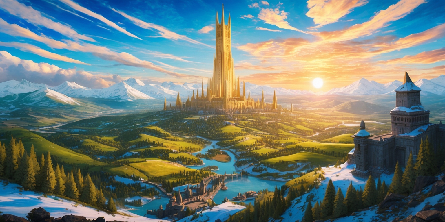 A sweeping, epic landscape depicting the fictional world of Cyrodiil from the Oblivion game, with the Imperial City's majestic White Gold Tower standing tall in the distance, surrounded by lush green forests, rolling hills, and snow-capped mountains, under a vibrant blue sky with wispy white clouds, as the sun begins to set, casting a warm orange glow across the terrain, with a sense of adventure and mystery lingering in the air, and hints of ancient ruins and mystical artifacts waiting to be discovered, in a fantastical, scenic style reminiscent of high-fantasy artwork, with bold brushstrokes, rich textures, and intricate details.