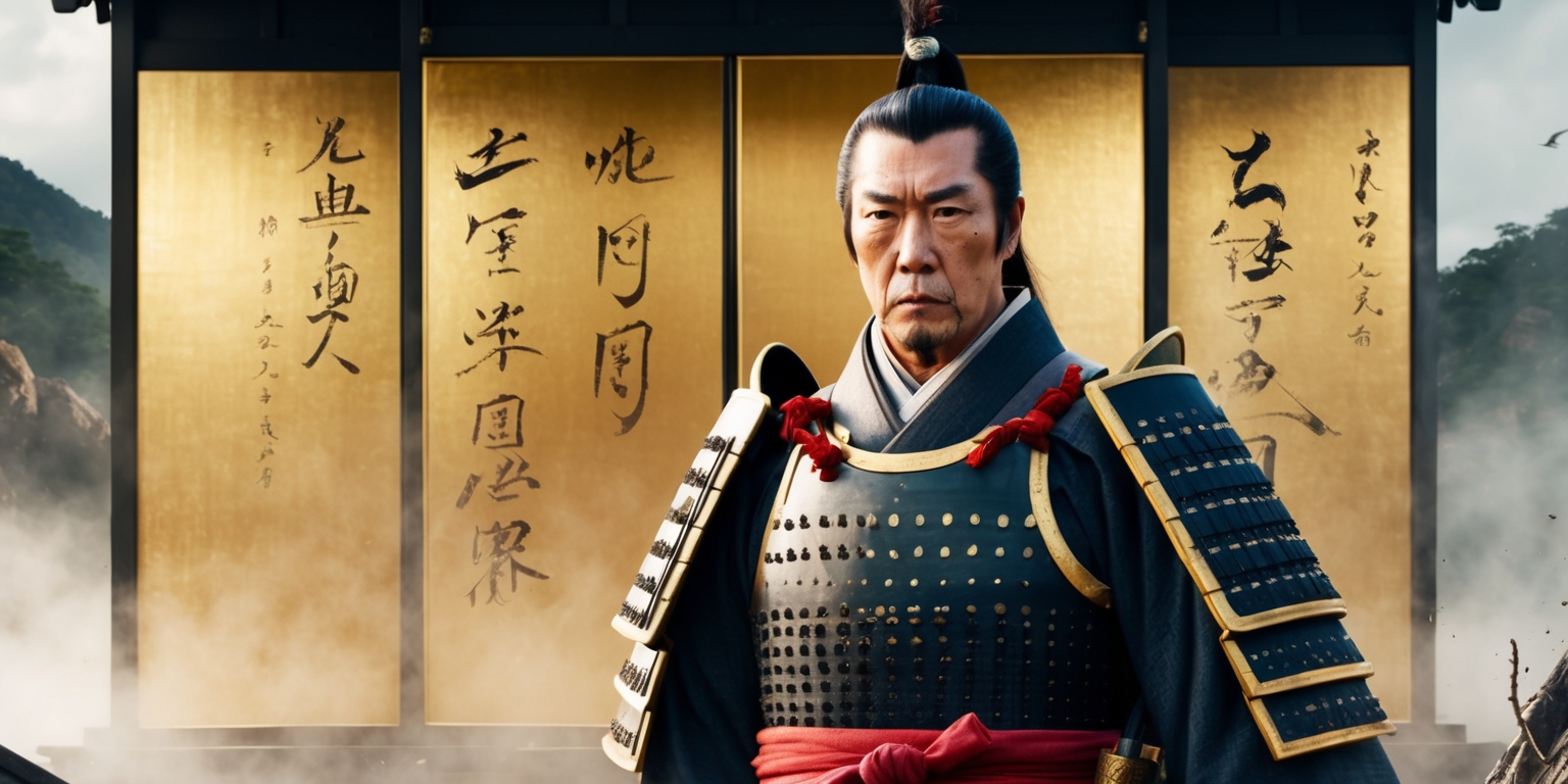 A dramatic scene from the Shogun TV series, set in feudal Japan, with a grand, cinematic composition, featuring a stern-faced Japanese warrior, Lord Toranaga, with pronounced cheekbones, a strong jawline, and piercing brown eyes, dressed in traditional samurai armor, adorned with golden accents and a red sash, standing proudly in front of a majestic, ornate golden screen, with subtle Japanese characters etched into its surface, amidst a serene, misty mountain landscape with hints of green and brown hues, bathed in a warm, soft light, evoking a sense of honor, loyalty, and tradition, with bold, expressive brushstrokes and a mix of realistic and stylized elements.