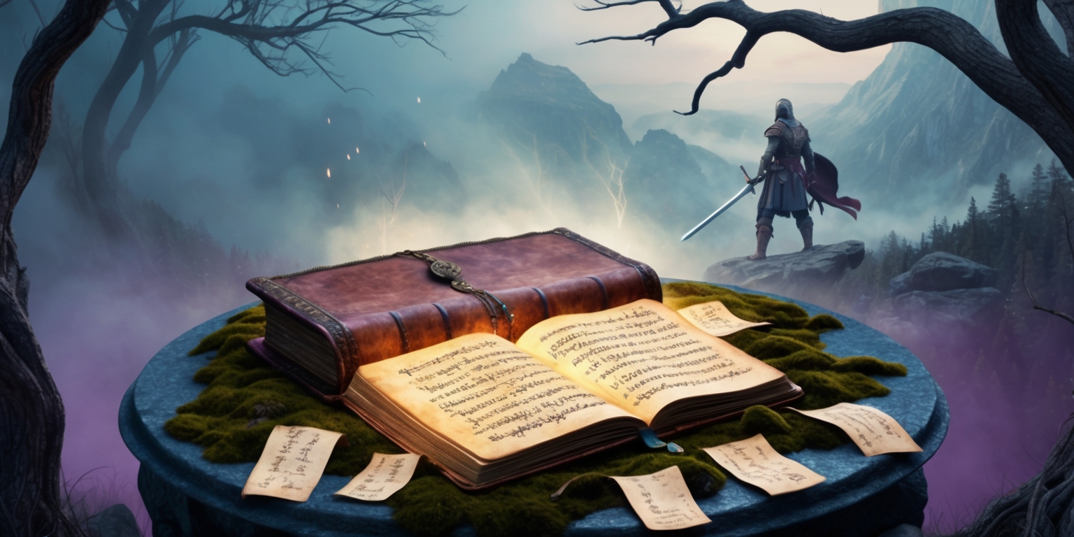 A mystical forest landscape with a worn, leather-bound tome lying open on a moss-covered stone pedestal, surrounded by scattered pages with intricate calligraphy and ancient runes, as a faint, ethereal glow emanates from the text, illuminating the misty atmosphere, with a subtle, warm lighting that suggests an otherworldly presence, and in the background, a faint image of a heroic figure clad in ornate armor, with a sword at their side, standing atop a windswept mountain peak, overlooking the mystical realm, with a subtle, gradient blue and purple hue that evokes a sense of wonder and adventure, and the entire scene is framed by twisted, gnarled tree branches that seem to stretch out of the frame, drawing the viewer into the fantastical world.