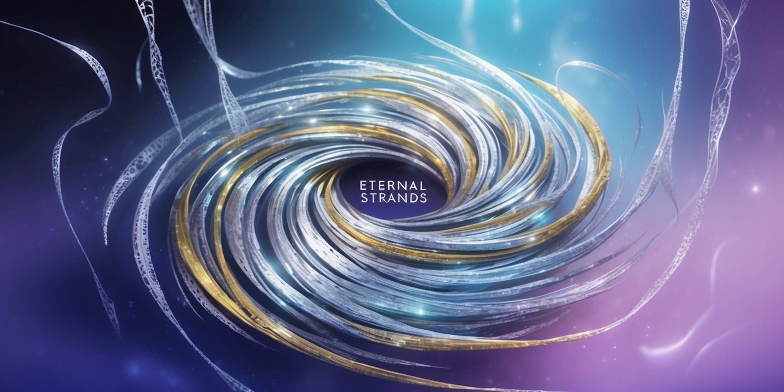 A mystical, atmospheric scene depicting the Eternal Strands game, with a mesmerizing, swirling vortex of silver and gold threads weaving together in the center, set against a dark, gradient blue background that fades to purple at the edges, evoking a sense of mystery and wonder. The threads appear to be suspended in mid-air, with subtle, shimmering highlights and delicate, lace-like patterns. In the foreground, a few stray strands appear to be floating, as if beckoning the viewer to enter the mystical realm. The entire scene is bathed in a soft, ethereal glow, with delicate, wispy tendrils of light dancing across the surface, creating an otherworldly ambiance. The overall aesthetic is dreamy, mystical, and captivating, inviting the viewer to step into the enchanting world of Eternal Strands.