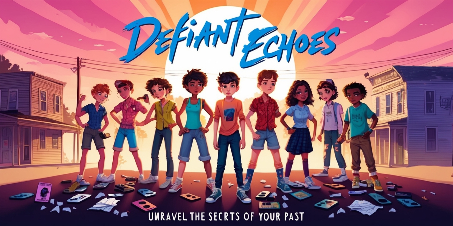 A retro-styled, atmospheric illustration of a small American town in the 1990s, with a warm, nostalgic color palette of faded pastels and earthy tones, evoking a sense of summertime rebelliousness and teenage angst. In the foreground, a group of diverse teenagers with expressive facial features and authentic 90s fashion, each with their own distinct personality, stand defiantly, surrounded by cassette tapes, mix CDs, and crumpled up notes, symbolizing the raw emotions and fractured friendships that permeate the narrative. The sky above is ablaze with vibrant hues of pink, orange, and purple, as the sun sets behind a gradient of old, worn-out buildings, and the words Defiant Echoes are emblazoned across the top in bold, graffiti-style lettering, with the tagline Unravel the secrets of your past written in cursive script below, hinting at the dual timelines and memory capsules that await the player in this immersive, narrative-driven adventure.