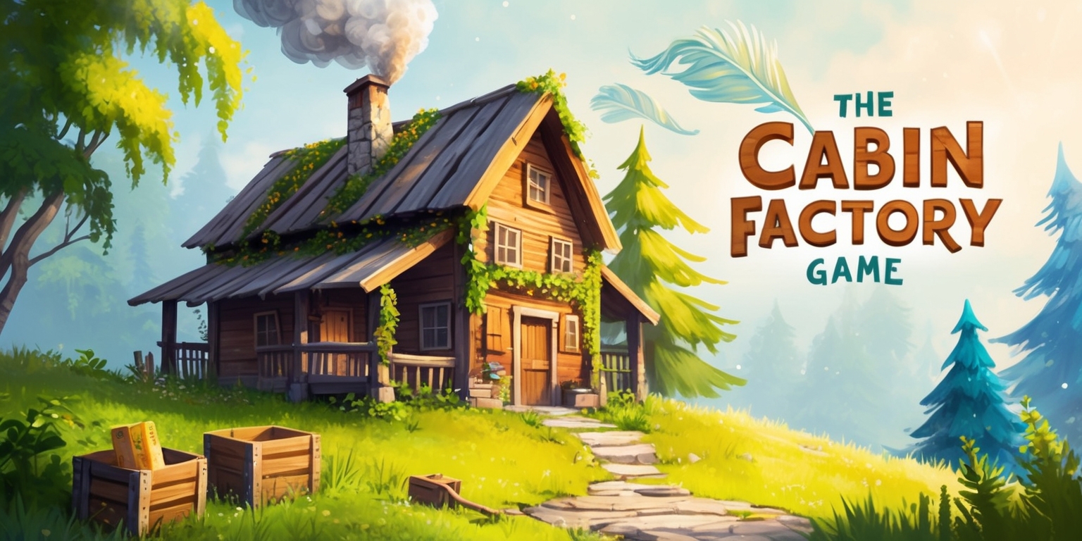 A mystical, whimsical illustration of The Cabin Factory game, set against a warm, sunny backdrop with a hint of misty fog, evoking a sense of enchantment and wonder. The cabin, adorned with vines and moss, sits atop a hill, surrounded by lush green trees, their leaves rustling in the gentle breeze. The building's wooden planks are weathered to a warm, golden brown, with smoke billowing from the chimney, carrying the scent of freshly baked goods. The atmosphere is tranquil, with soft, feathery clouds drifting lazily across the sky, painted in hues of creamy white and pale blue. In the foreground, a few rustic wooden crates and toolboxes are scattered about, hinting at the game's focus on building and craftsmanship. The color palette is a mix of earthy tones, with splashes of sky blue and creamy whites, creating a sense of coziness and invitation. The overall style is reminiscent of a fantastical, dreamlike watercolor painting, with bold brushstrokes and delicate details.