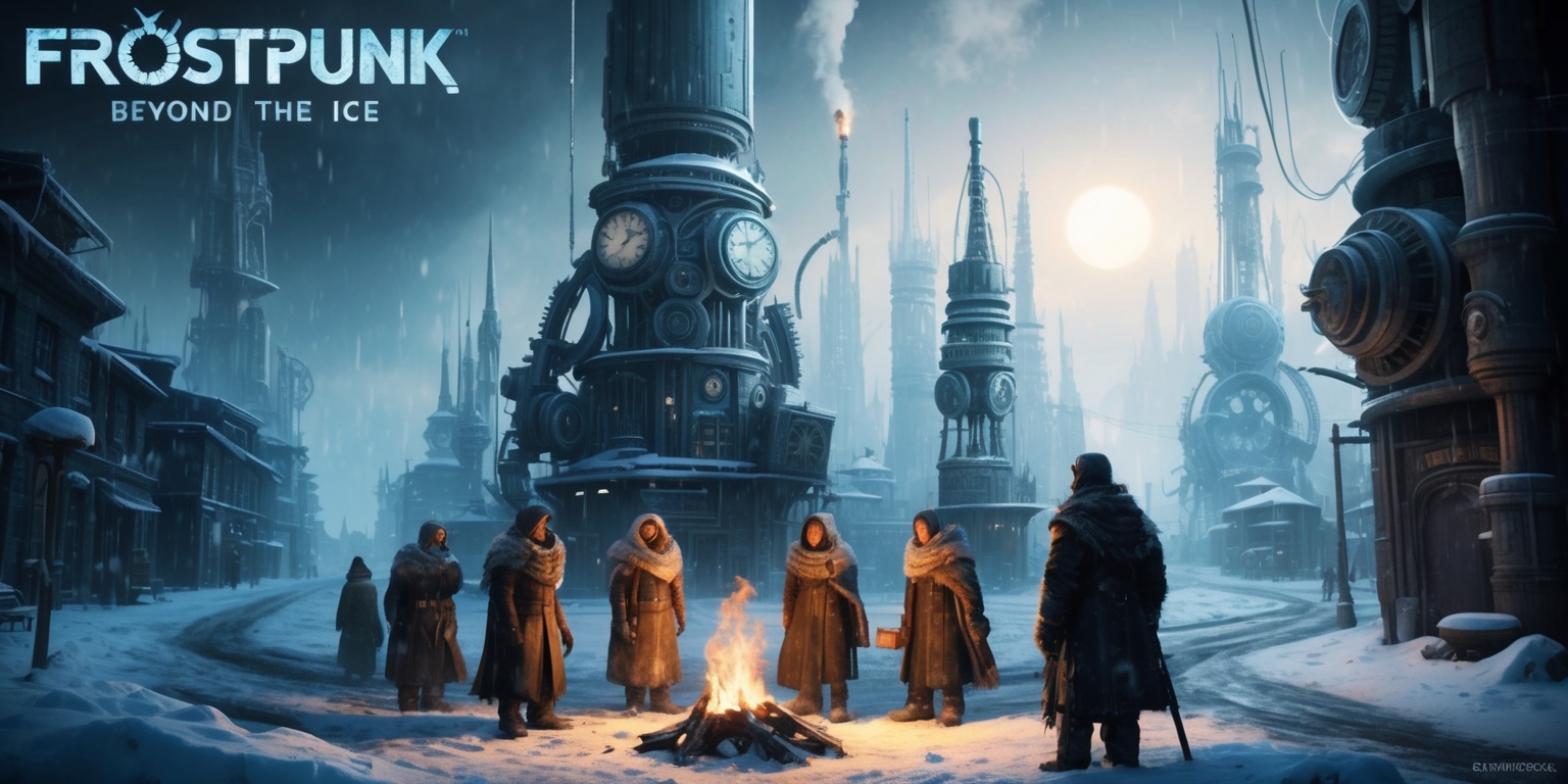 A hauntingly beautiful futuristic cityscape set in a frozen, post-apocalyptic world, inspired by the Frostpunk: Beyond the Ice game, with sharp, icy blue and white hues dominating the landscape, contrasted with dark, muted greys and charcoals, evoking a sense of eerie survival amidst the frozen wasteland. Towering clockwork spires and steam-powered machinery pierce the sky, surrounded by snow-covered buildings and narrow, winding streets, with faint wisps of smoke and steam rising into the cold, misty air. In the foreground, a small group of rugged survivors, wrapped in tattered coats and scarves, stand gathered around a flickering fire, their faces illuminated by the warm, golden light, revealing weathered skin, worn expressions, and determination in their eyes. The city's iconic, intricate clockwork gears and mechanisms loom large in the background, bathed in an ethereal, icy glow, as the sun sets over the frozen horizon.