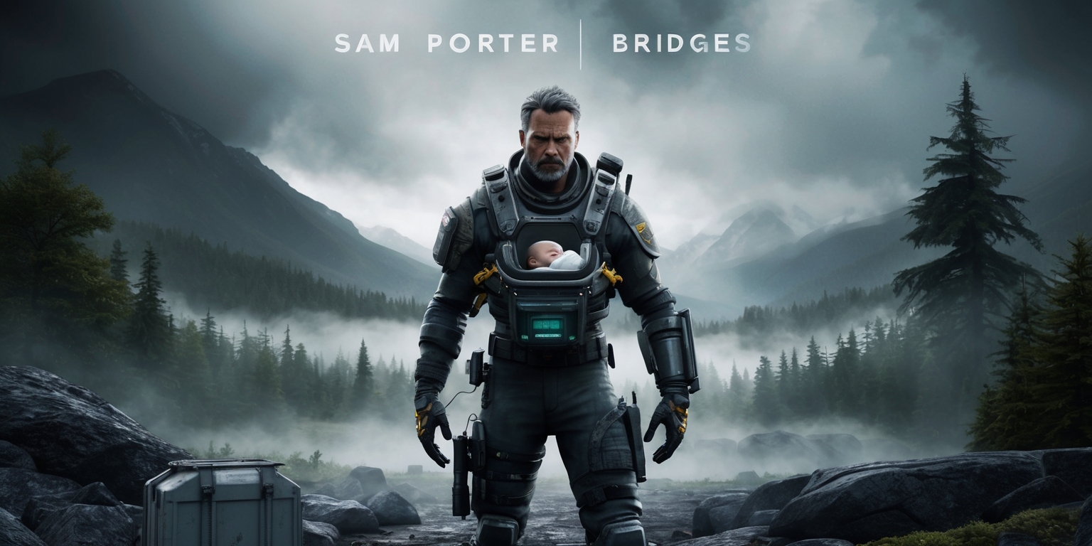 A cinematic scene from the Death Stranding game, featuring a dramatic landscape with a solo figure of Sam Porter Bridges, the main protagonist, in the center, dressed in his iconic exosuit, with a rugged, determined expression on his face, set against a misty, mountainous backdrop with a blend of lush green forests and grey, rocky terrain, under a somber, overcast sky with hues of grey and blue, with the baby in the pod on his chest, and various cargo cases and equipment attached to his suit, in a stunning, highly detailed, photorealistic style, with a focus on the contrasts between nature and technology, and the sense of isolation and purpose.