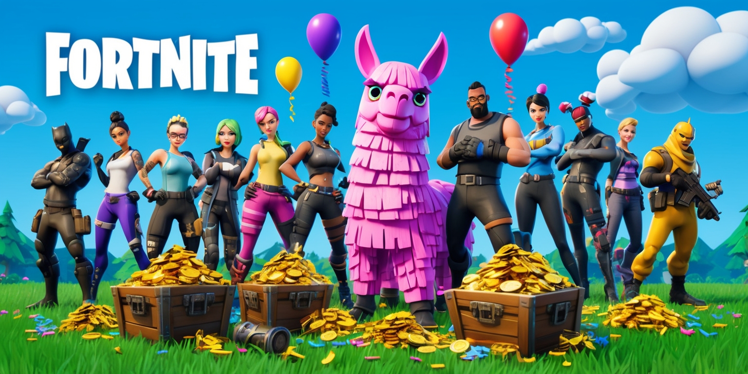 A vibrant and action-packed digital illustration depicting the popular online multiplayer game Fortnite, set against a bright blue sky with fluffy white clouds, featuring a diverse cast of characters, including default skins and some uniquely customized ones, showcasing a mix of playful and serious expressions, with varying skin tones and hairstyles, gathered around a massive Loot Llama piñata, surrounded by colorful balloons, confetti, and treasure chests overflowing with gold coins, weapons, and other in-game items, with the game's bold, stylized logo prominently displayed in the top-left corner, rendered in a dynamic, comic book-inspired style with bold lines, vivid colors, and dramatic shading, evoking a sense of excitement, adventure, and fun.