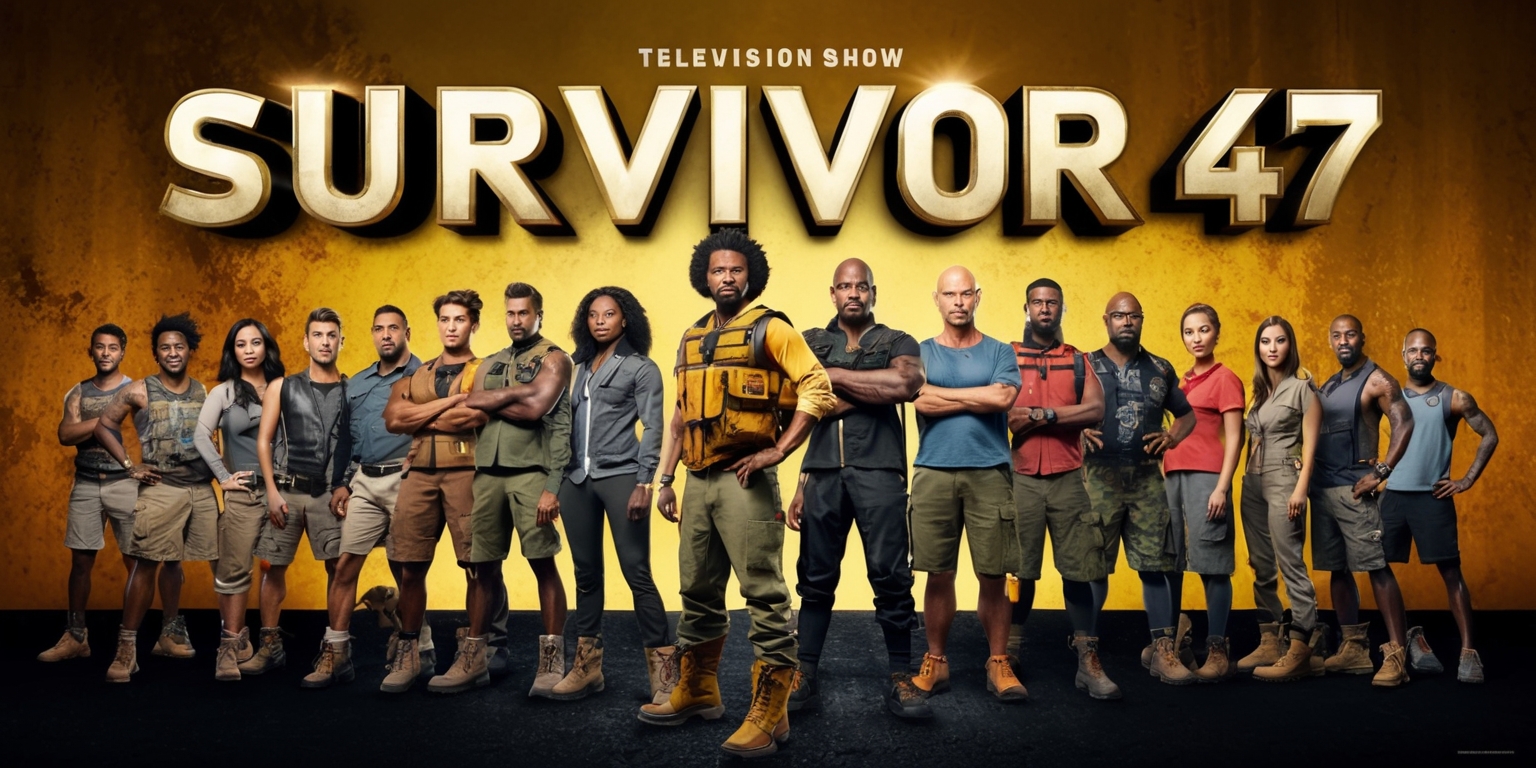 A colorful television show promotional poster for Survivor 47, featuring a dramatic, golden-hued background with a subtle, distressed texture, evoking a sense of adventure and ruggedness. In the foreground, a diverse group of 18 contestants, each with unique facial features and skin tones, stand boldly, looking directly at the viewer with determination and confidence. The contestants are dressed in functional, earth-toned clothing and footwear suitable for outdoor survival. At the top of the poster, the show's title Survivor is emblazoned in bold, 3D, serif font with a metallic gold sheen, while the season number 47 is displayed prominently in a modern, sans-serif font at the bottom. The entire layout is well-balanced, with ample negative space to draw attention to the contestants and the show's title.