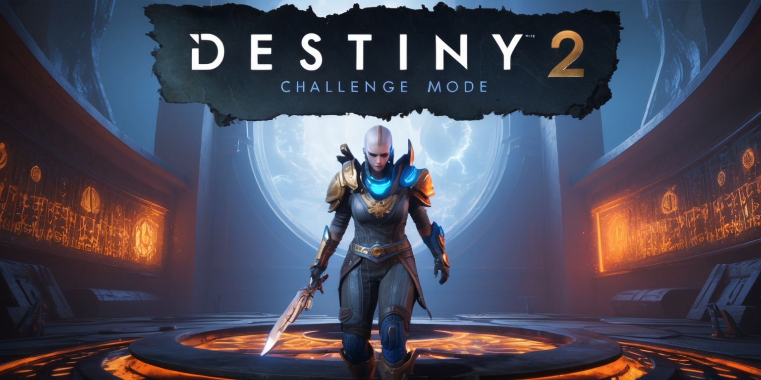 A dramatic, high-stakes scene depicting a Guardian from Destiny 2 standing proudly in a dimly lit, ornate chamber, surrounded by ancient, mysterious artifacts and intricate, glowing runes etched into the walls, with a large, ominous portal looming in the background, emitting a fiery, apocalyptic glow, as they prepare to face off against a formidable foe in Challenge Mode, their armor worn and battle-scarred, with vibrant, electric blue accents and a hint of gold, their determined facial expression and piercing eyes radiating a sense of unyielding determination, with the Destiny 2 logo emblazoned on a worn, metallic banner above them, in a bold, modern font with a metallic sheen, against a backdrop of deep, rich blues and fiery oranges, evoking a sense of high-octane action and intense competition.